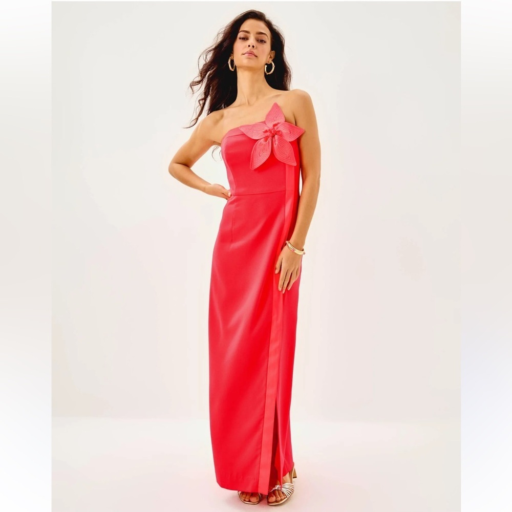 Lilly Pulitzer Anasophia Rosette Strapless Maxi Column Dress Size 2 Cane Coral